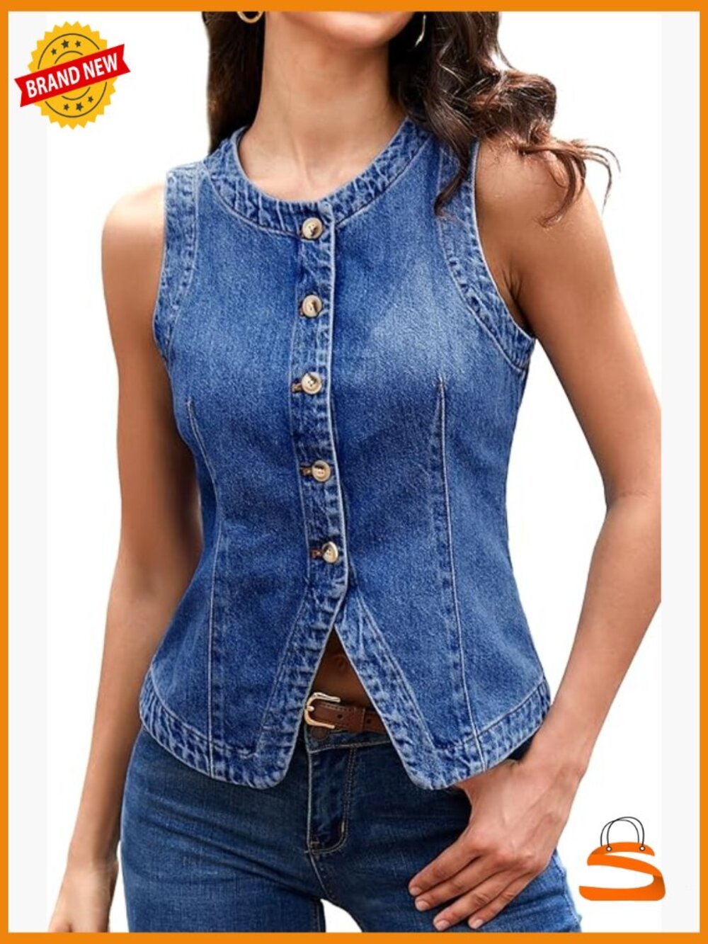 Crew Neck Denim Vest - Button Down Fitted Jean Vest Top for Women Casual